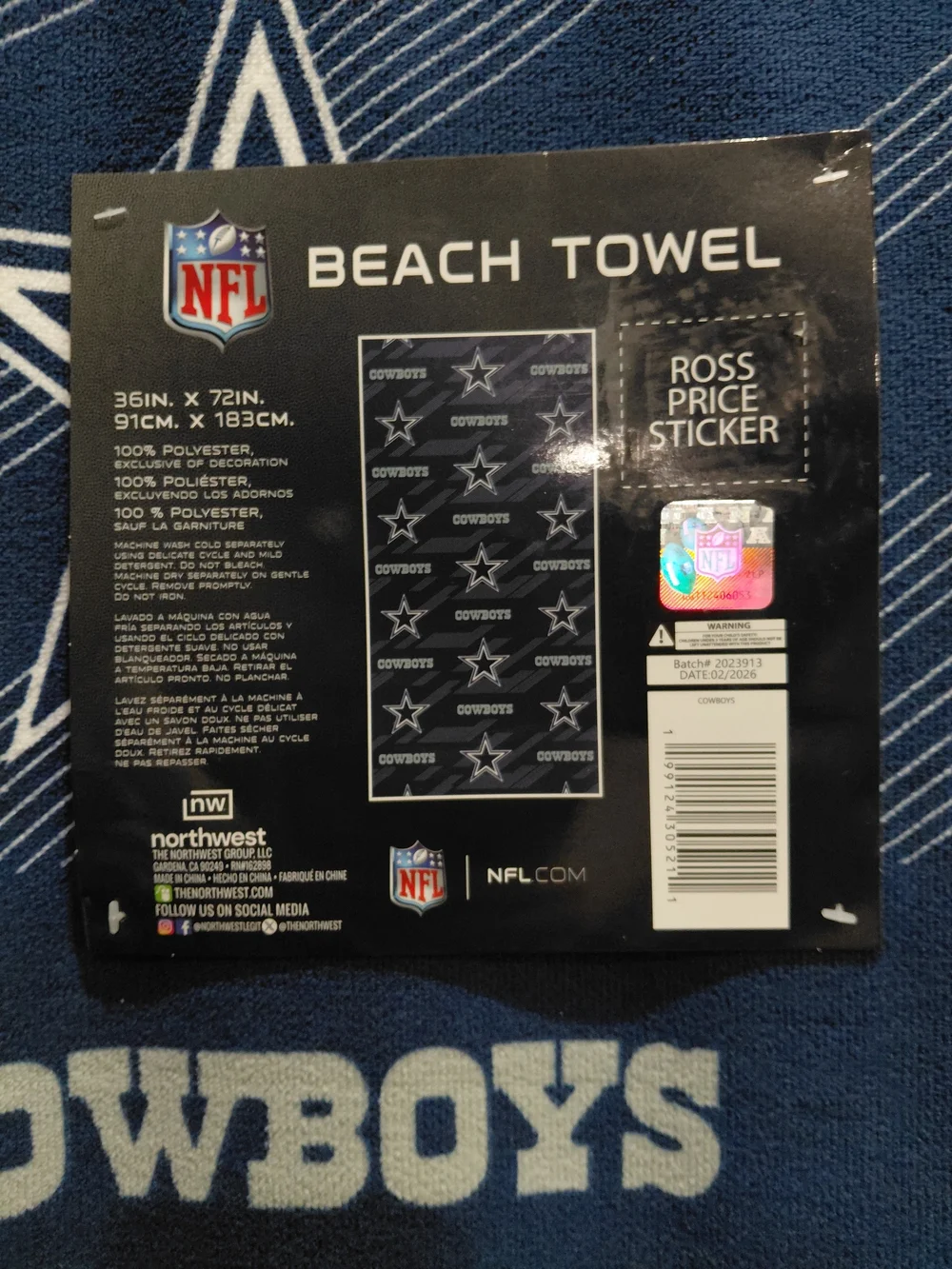 NWT Dallas Cowboys Navy Beach Towel - Official NFL Team Design